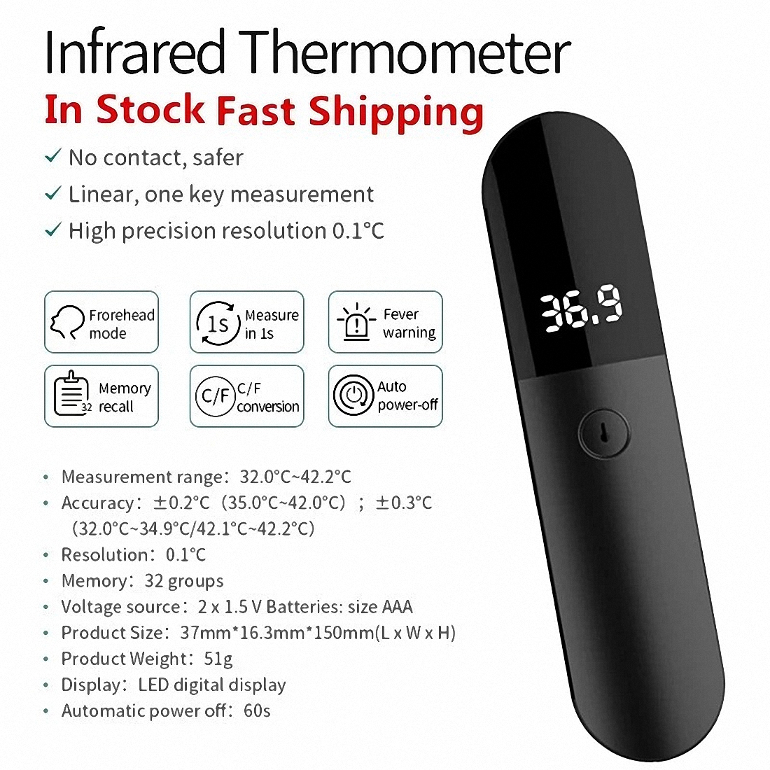 Firefly Non-contact Infrared Forehead Body Thermometer Adults Children Body Temperature Fever Measure Tool Digital LED Medical Thermometer (2)